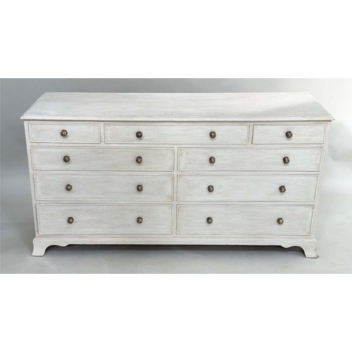 255 - LOW CHEST, George III style grey painted with nine drawers and shaped bracket supports, 153cm W x 46... 