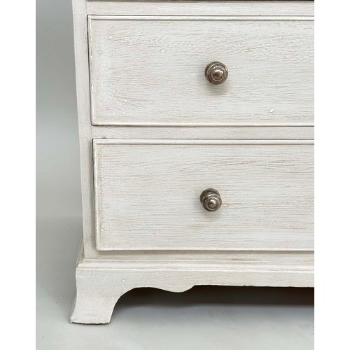 255 - LOW CHEST, George III style grey painted with nine drawers and shaped bracket supports, 153cm W x 46... 