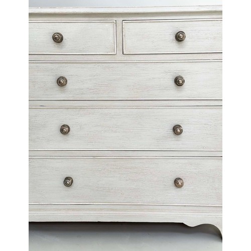 255 - LOW CHEST, George III style grey painted with nine drawers and shaped bracket supports, 153cm W x 46... 