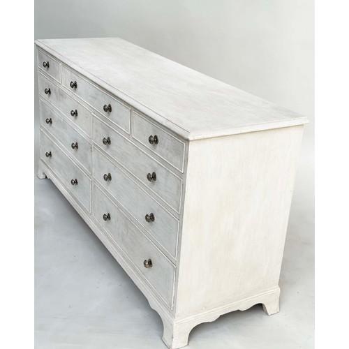 255 - LOW CHEST, George III style grey painted with nine drawers and shaped bracket supports, 153cm W x 46... 