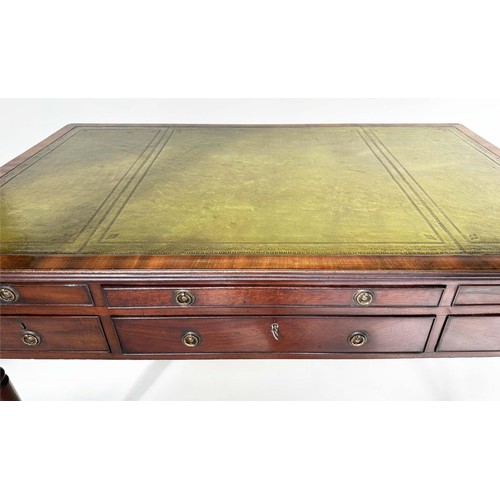 258 - PARTNERS WRITING TABLE, mid 19th century figured mahogany, with gilt tooled green leather writing su... 