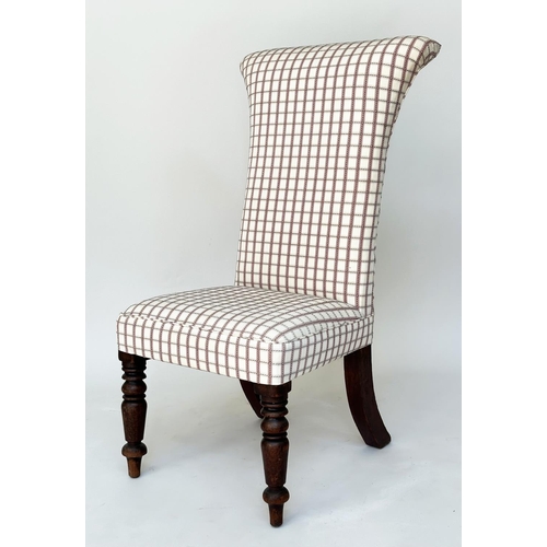 275 - SIDE CHAIR, Victorian high back with woven check upholstery, 103cm H x 58cm W x 59cm D.