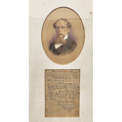 10 - CHARLES DICKENS SIGNED LETTER, to a Mr Nightingale dated December 1869, mounted with oval portrait, ... 