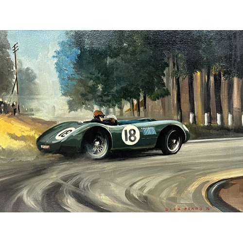 103 - DION PEARS (British 1929-1985), 'C-type Jaguar', oil on canvas, 40cm x 50cm, framed.