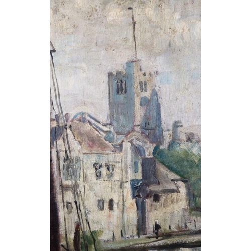 114 - BRIAN SANDERSON, 'Putney church, from the river with Thames barge', oil on board, 60cm x 44cm, signe... 