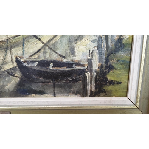 114 - BRIAN SANDERSON, 'Putney church, from the river with Thames barge', oil on board, 60cm x 44cm, signe... 