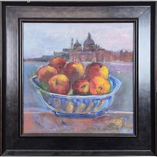 119 - D J, 'Venice, Santa Maria della Salute and fruit in majolica bowl', oil on board, 36cm x 36cm, monog... 