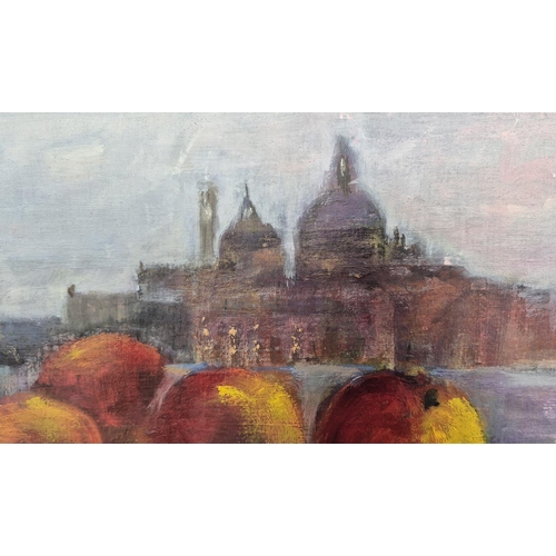 119 - D J, 'Venice, Santa Maria della Salute and fruit in majolica bowl', oil on board, 36cm x 36cm, monog... 