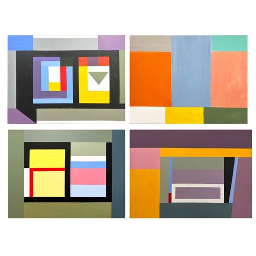 123 - IAIN MORRIS (20TH CENTURY BRITISH), 'Abstracts', a set of four, oil on canvas, 76cm x 102cm. (4)