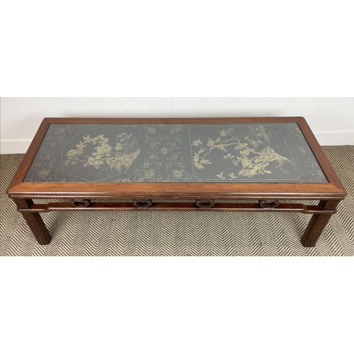 169 - CHINESE LONG LOW TABLE, in the manner of Mallet, with black and gilt lacquer style decoration with i... 