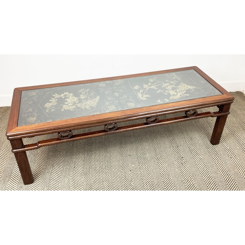 169 - CHINESE LONG LOW TABLE, in the manner of Mallet, with black and gilt lacquer style decoration with i... 