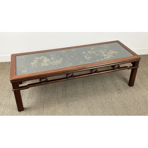 169 - CHINESE LONG LOW TABLE, in the manner of Mallet, with black and gilt lacquer style decoration with i... 