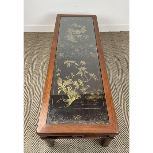 169 - CHINESE LONG LOW TABLE, in the manner of Mallet, with black and gilt lacquer style decoration with i... 