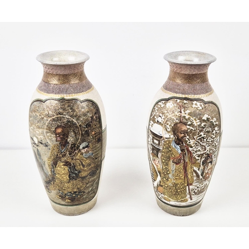 17 - JAPANESE SATSUMA VASES, a pair, Meiji (1868-1912), intricately decorated with figural narrative scen... 