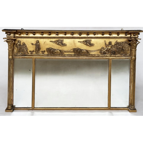 178 - OVERMANTEL, Regency giltwood and gesso with neo classical frieze above triple plates flanked by Cori... 