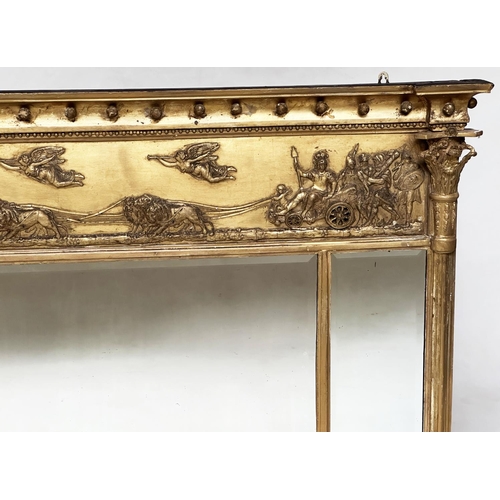 178 - OVERMANTEL, Regency giltwood and gesso with neo classical frieze above triple plates flanked by Cori... 