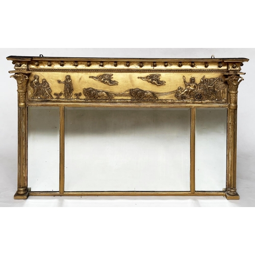 178 - OVERMANTEL, Regency giltwood and gesso with neo classical frieze above triple plates flanked by Cori... 