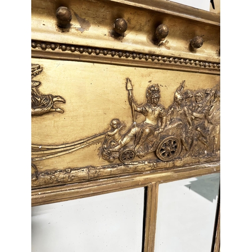 178 - OVERMANTEL, Regency giltwood and gesso with neo classical frieze above triple plates flanked by Cori... 