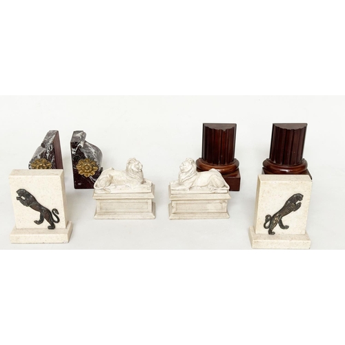 181 - DESK BOOKENDS, a pair, lions on plinths, together with three pairs of bookends, one pair wooden colu... 