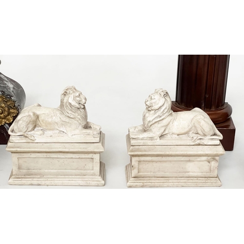 181 - DESK BOOKENDS, a pair, lions on plinths, together with three pairs of bookends, one pair wooden colu... 