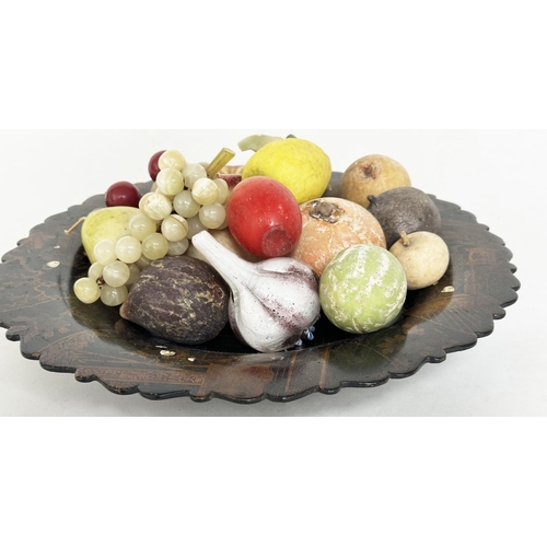 184 - CERAMIC FRUITS, a selection of seventeen fruits (two glass), in a 19th century lacquered chinoiserie... 