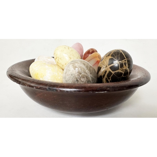 188 - MARBLE EGGS, specimen marbles in a turned wooden bowl, approx 12, largest 7cm H, bowl 28cm D.