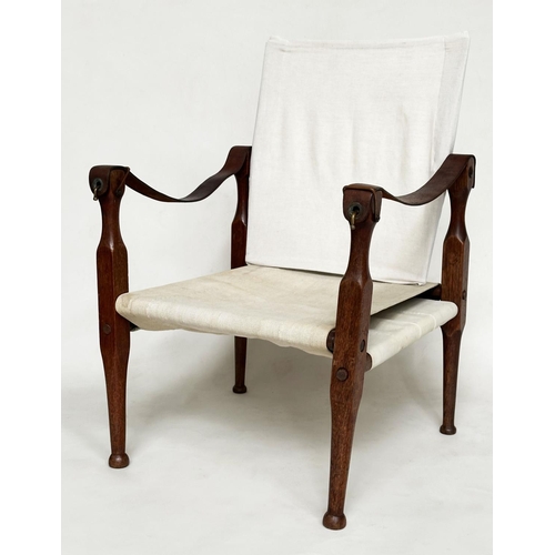 191 - CAMPAIGN/SAFARI ARMCHAIR, early 20th century colonial teak and stitched canvas cotton, with leather ... 