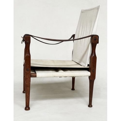 191 - CAMPAIGN/SAFARI ARMCHAIR, early 20th century colonial teak and stitched canvas cotton, with leather ... 