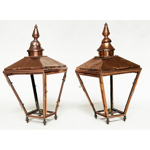 193 - COPPER LANTERNS, a pair, 19th century copper each with chimney canopy top and hinged sides (sockets ... 