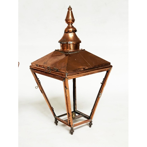 193 - COPPER LANTERNS, a pair, 19th century copper each with chimney canopy top and hinged sides (sockets ... 