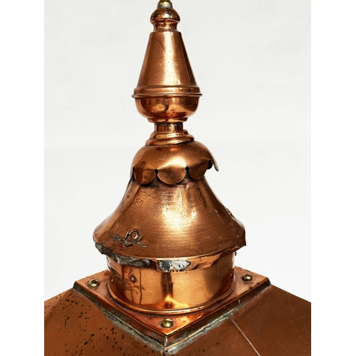 193 - COPPER LANTERNS, a pair, 19th century copper each with chimney canopy top and hinged sides (sockets ... 