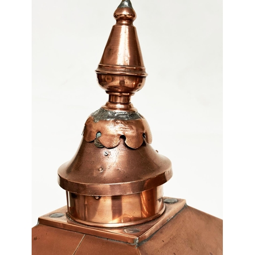 193 - COPPER LANTERNS, a pair, 19th century copper each with chimney canopy top and hinged sides (sockets ... 