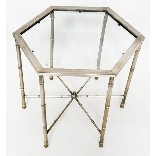 196 - OCCASIONAL TABLE, 1970s silvered hexagonal with stretchered supports and bevelled glass, 43cm H x 45... 