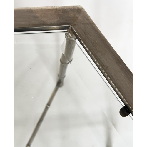 196 - OCCASIONAL TABLE, 1970s silvered hexagonal with stretchered supports and bevelled glass, 43cm H x 45... 