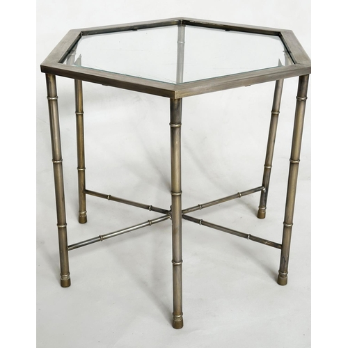 196 - OCCASIONAL TABLE, 1970s silvered hexagonal with stretchered supports and bevelled glass, 43cm H x 45... 