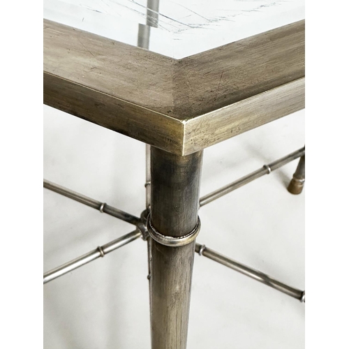 196 - OCCASIONAL TABLE, 1970s silvered hexagonal with stretchered supports and bevelled glass, 43cm H x 45... 