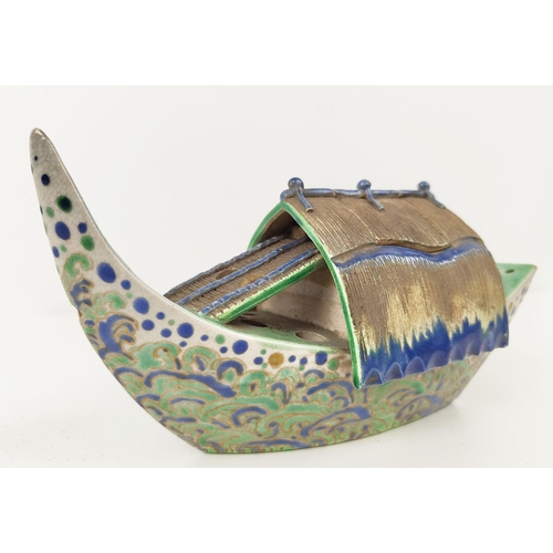 2 - JAPANESE KIYOMIZU BOAT-SHAPED INCENSE BURNER, Kyoyaki Edo period, 19th century with box, 10cm x 20cm... 