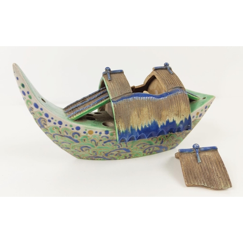 2 - JAPANESE KIYOMIZU BOAT-SHAPED INCENSE BURNER, Kyoyaki Edo period, 19th century with box, 10cm x 20cm... 