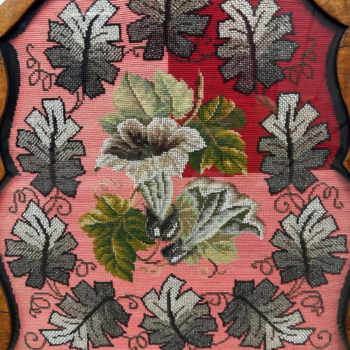 208 - FIRESCREEN, 19th century shaped walnut frame with glass beadwork panel, 75cm H x 60cm W x 18.5cm D.