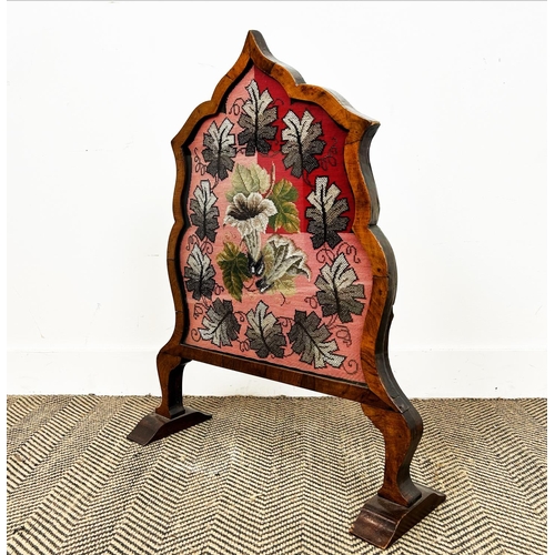 208 - FIRESCREEN, 19th century shaped walnut frame with glass beadwork panel, 75cm H x 60cm W x 18.5cm D.