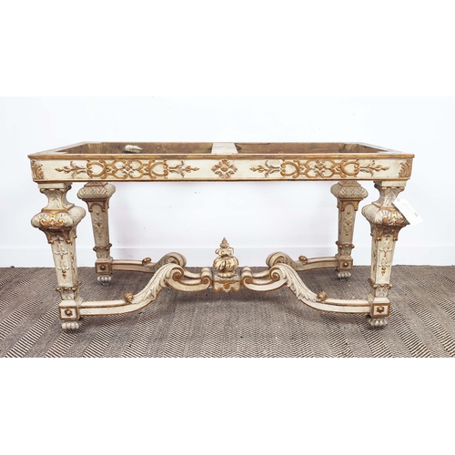 209 - CENTRE TABLE, 19th century Italian parcel gilt and cream painted, 138cm x 67cm D x 72cm H.