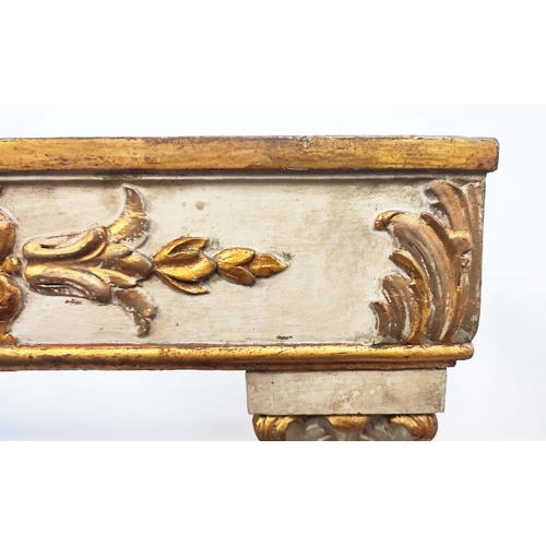 209 - CENTRE TABLE, 19th century Italian parcel gilt and cream painted, 138cm x 67cm D x 72cm H.