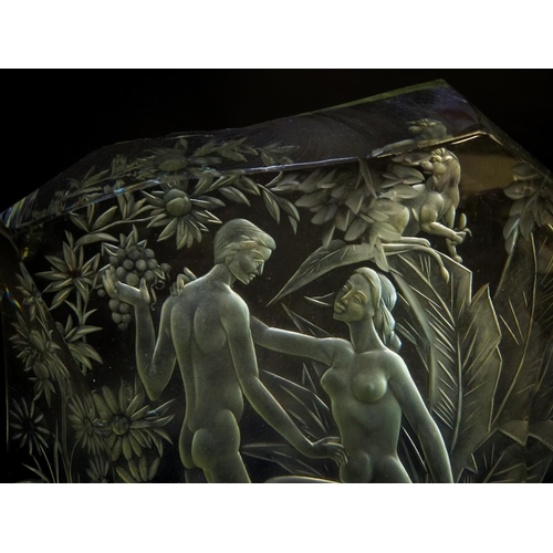 22 - LADISLAV JEZEK, garden of Eden, frosted scene depicting Adam and Eve signed and dated 1984, 24cm H.