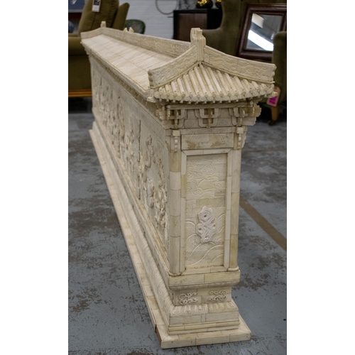 220 - TEMPLE, Chinese bone with pagoda roof and dragon panelled sides, 72cm H x 272cm x 28cm D.