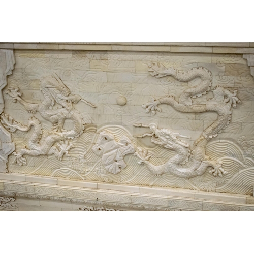 220 - TEMPLE, Chinese bone with pagoda roof and dragon panelled sides, 72cm H x 272cm x 28cm D.