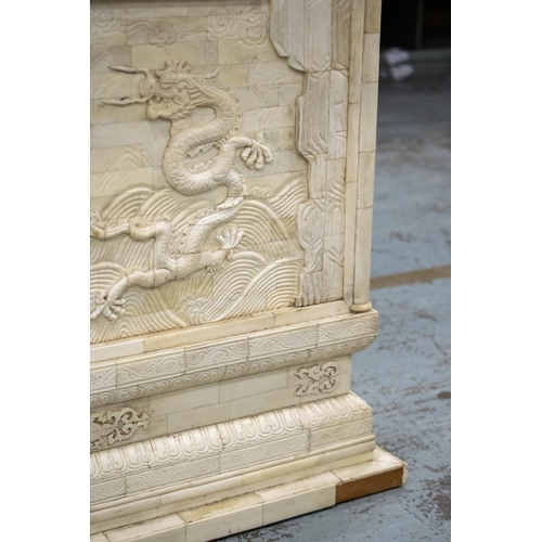 220 - TEMPLE, Chinese bone with pagoda roof and dragon panelled sides, 72cm H x 272cm x 28cm D.