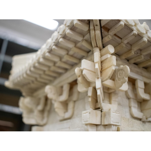 220 - TEMPLE, Chinese bone with pagoda roof and dragon panelled sides, 72cm H x 272cm x 28cm D.