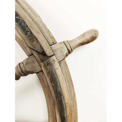 222 - SHIP'S WHEEL, 170cm diam x 30cm D,  19th century teak, bronze and brass mounted of large size.