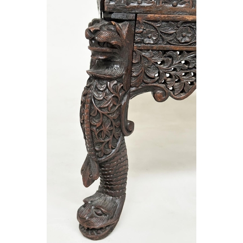 227 - CEYLONESE WINDOW SEAT, 19th century intricately carved and pierced hardwood with lion and serpent su... 