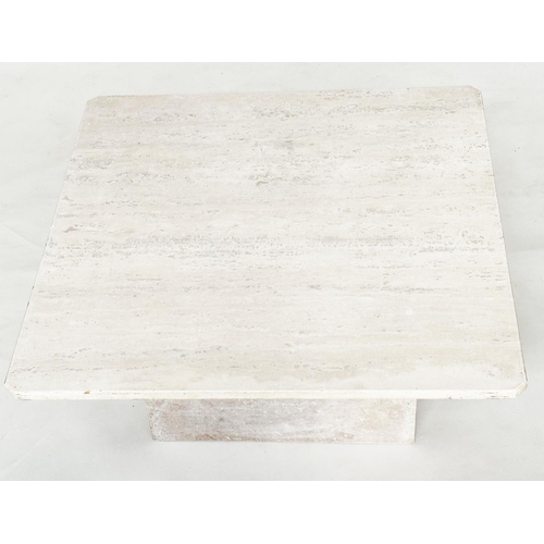 229 - TRAVERTINE LOW TABLE, 1970s Italian travertine marble, square canted corner on plinth support, 76cm ... 